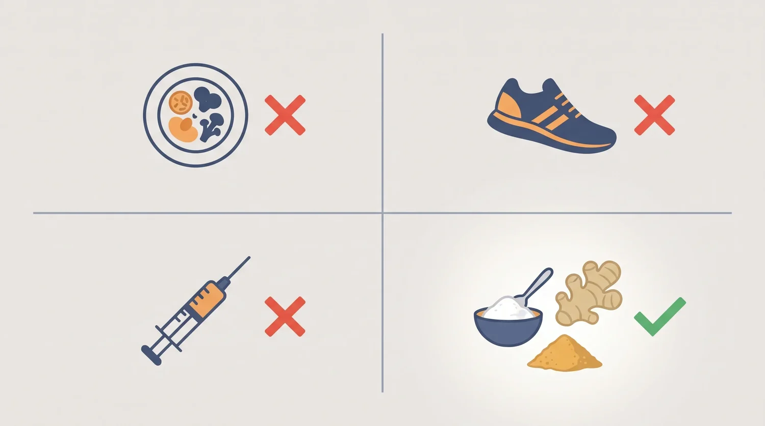 Quadrant graphic with three squares crossed out - diet plate, running shoe, syringe - and the fourth highlighted with baking soda, ginger and berberine